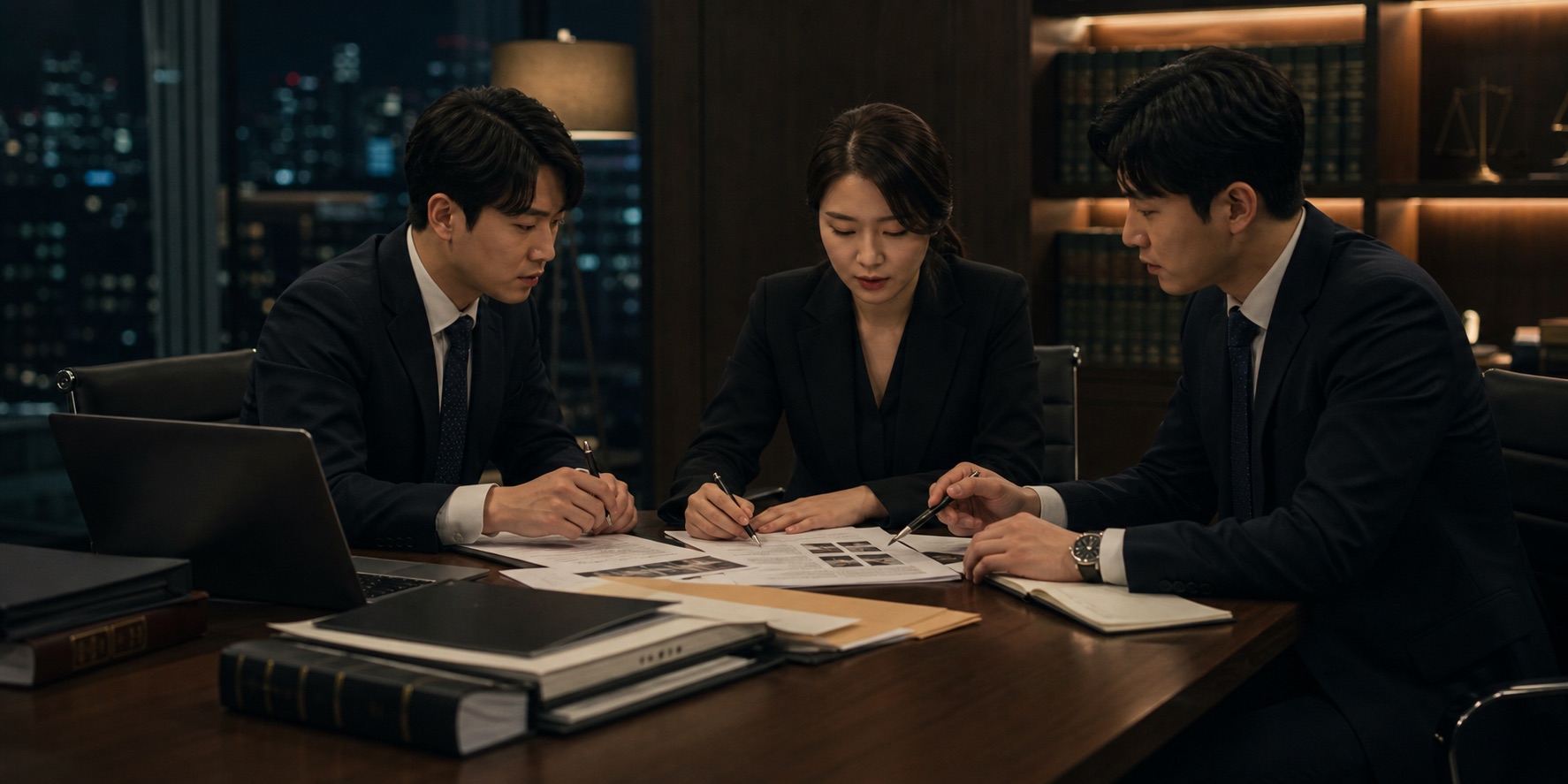 동양인 형사전담 법률팀이 사건 자료와 증거 타임라인을 함께 검토하는 회의 장면